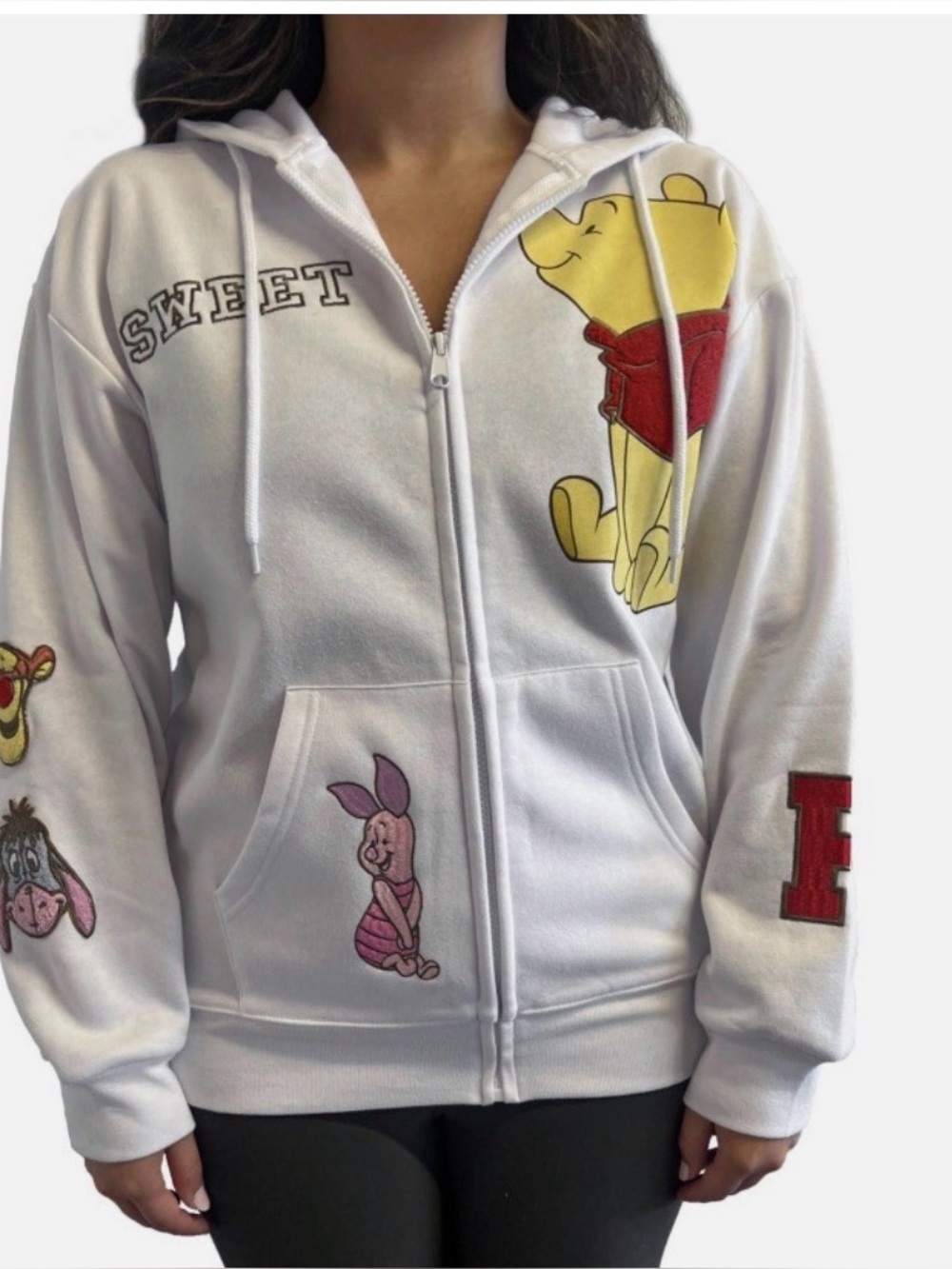 White Winnie the Pooh Zip-Up Hoodie with Character Patches XL
